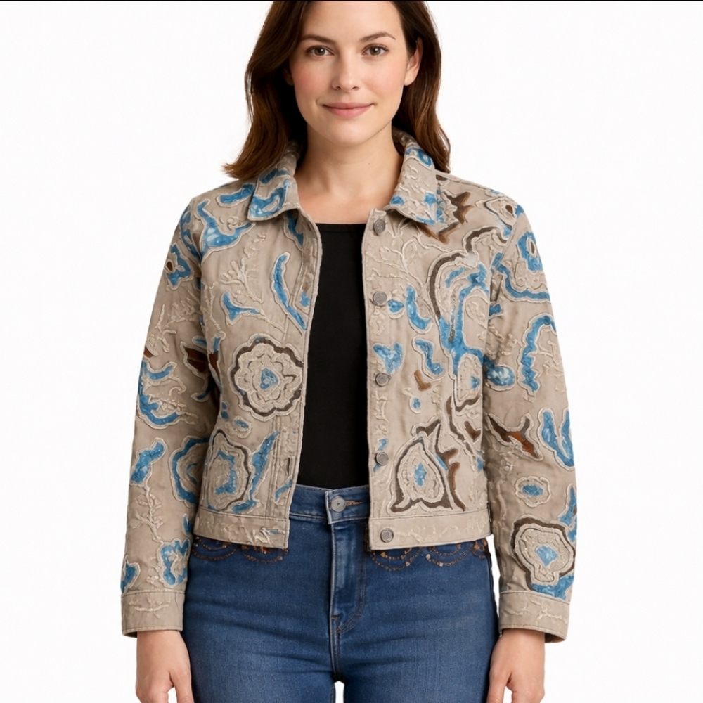Coldwater Creek Gray Green Embroidered Jacket Sz XL